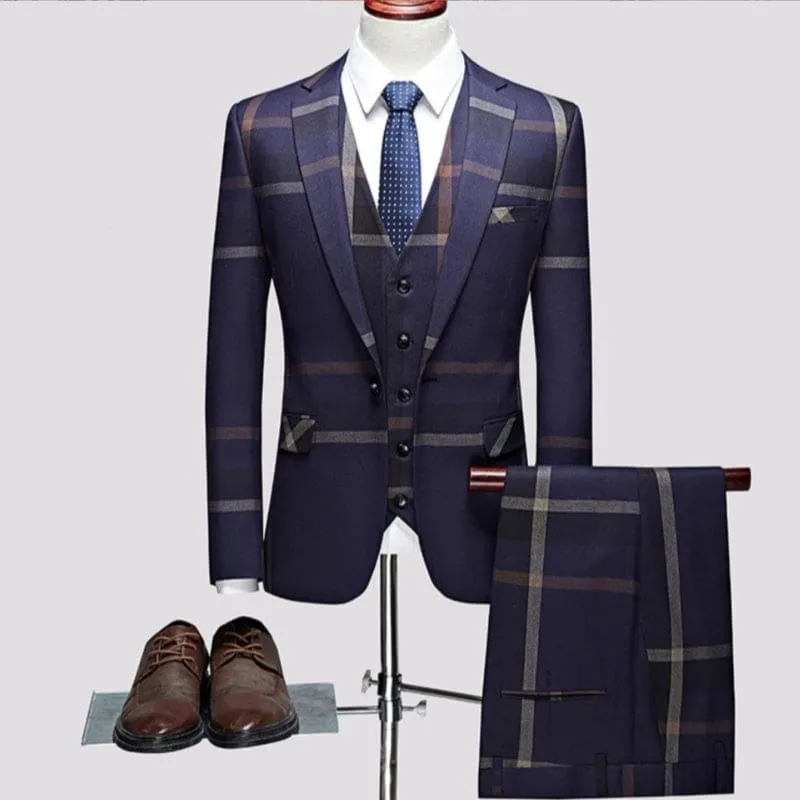 Blue Notched Lapel Three Pieces Business Suits Wedding Party Groom Blazer Vest Pants