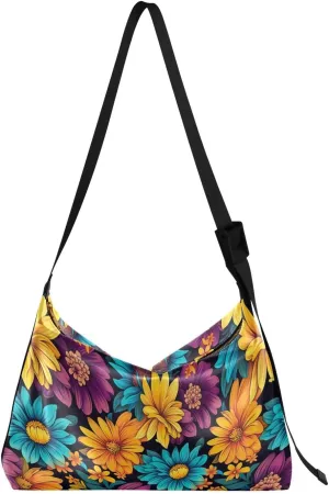 Blue Yellow Purple Flowers Crossbody Bag for Women Men with Adjustable Strap PU Leather Shoulder Hobo Purse Bag 20857133