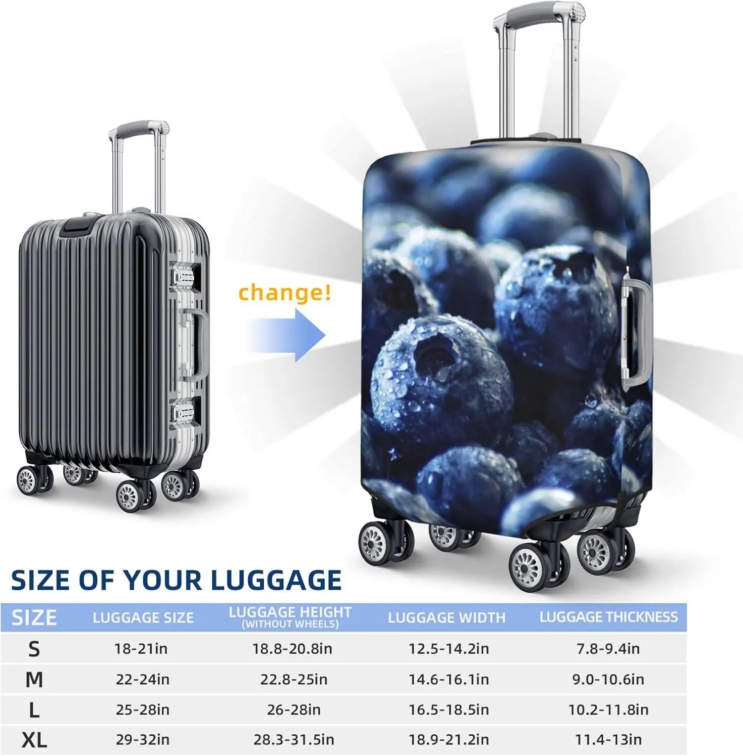 Blueberry Luggage Cover TSA Approved Stylish Dust and Scratch Resistant Luggage Case Protector Washable Elasticated Luggage Covers for Kids and Adults