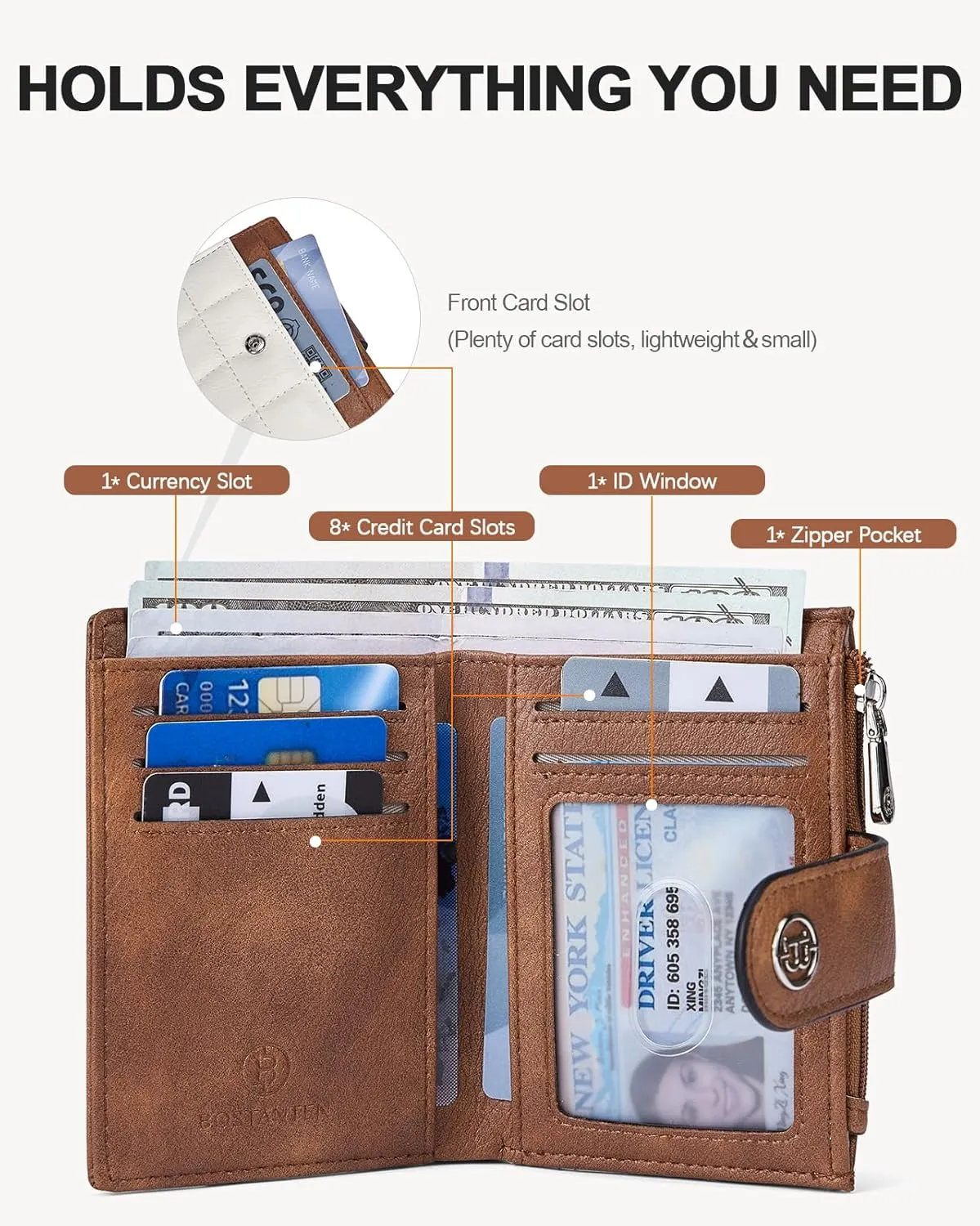 BOSTANTEN Small Wallet for Women Leather RFID Blocking Card Holder Bifold Compact Wallets With Zipper Coin Pocket BeigeBrown