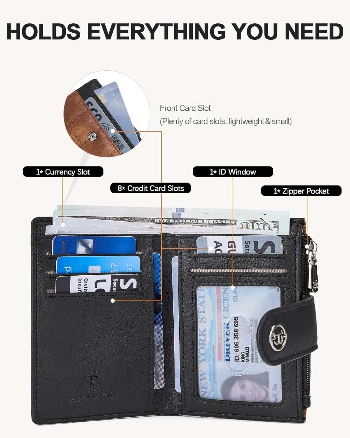 BOSTANTEN Small Wallet for Women Leather RFID Blocking Card Holder Bifold Compact Wallets With Zipper Coin Pocket BlackBrown