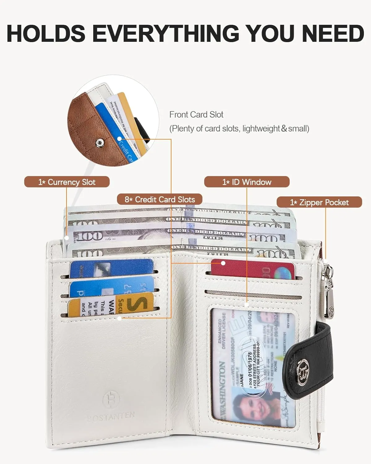 BOSTANTEN Small Wallet for Women Leather RFID Blocking Card Holder Bifold Compact Wallets With Zipper Coin Pocket BrownBeigeBlack