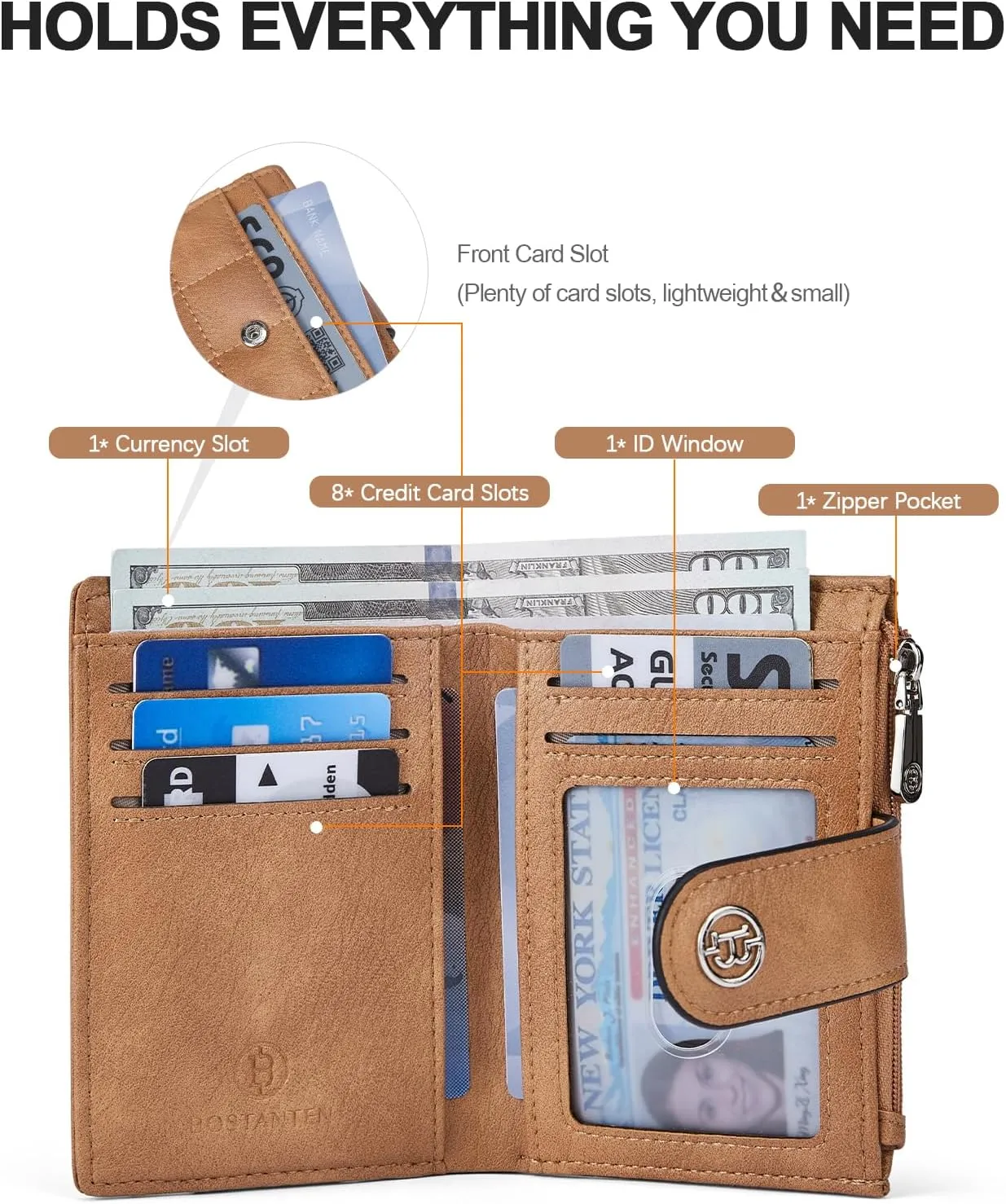 BOSTANTEN Small Wallet for Women Leather RFID Blocking Card Holder Bifold Compact Wallets With Zipper Coin Pocket Camel
