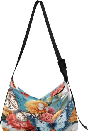 Butterflies and Flowers Shoulder Bag for Women Waterproof PU Leather Hobo Bags Crossbody Purse with Zipper Closure