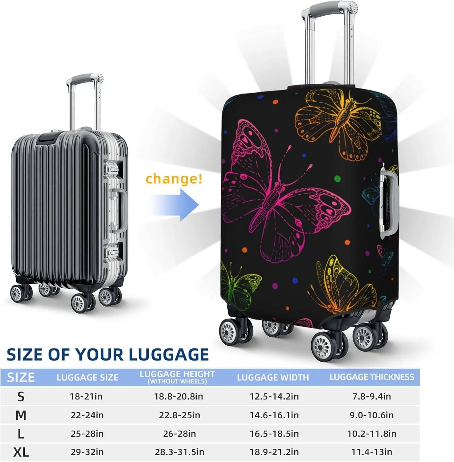 Butterfly Luggage Cover Washable Elasticated Luggage Covers for Suitcase tsa Approved Stylish Dust and Scratch Resistant Luggage Case Protector for Kids and Adults -