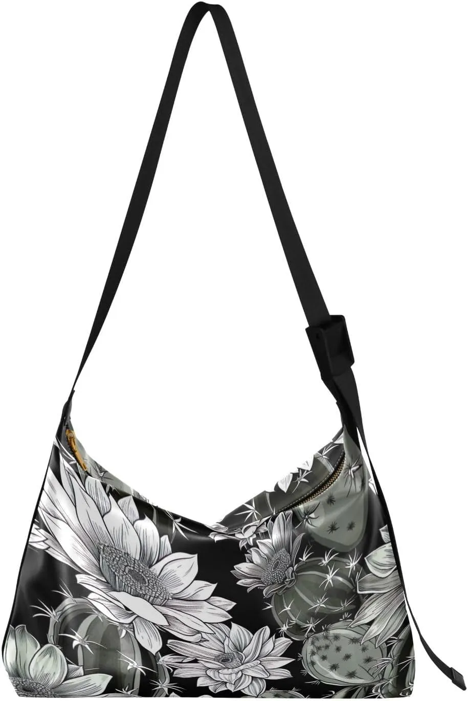 Cactus Flowers Black Shoulder Bag for Women Waterproof PU Leather Hobo Bags Crossbody Purse with Zipper Closure