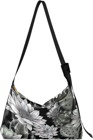 Cactus Flowers Black Shoulder Bag for Women Waterproof PU Leather Hobo Bags Crossbody Purse with Zipper Closure