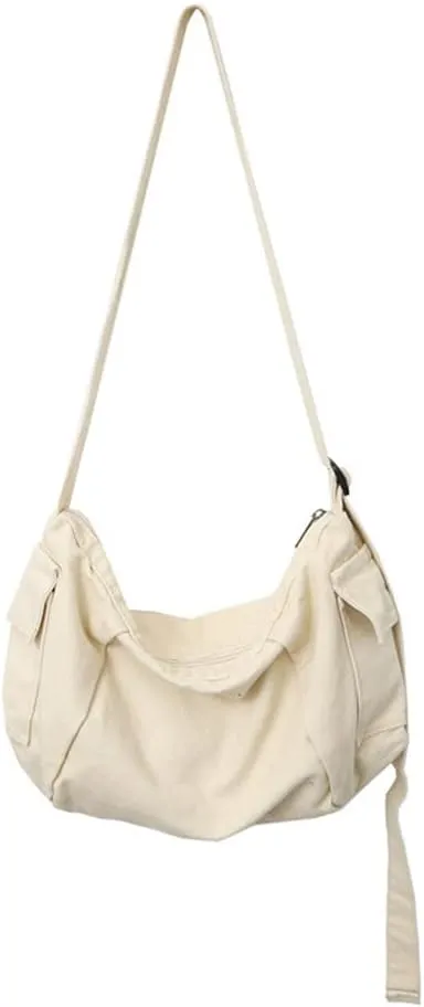 Canvas Medium Corssbody Bag Casual Tote Purse Travel Shoulder Bag Stylish Work Bag for Women and Men (Beige)