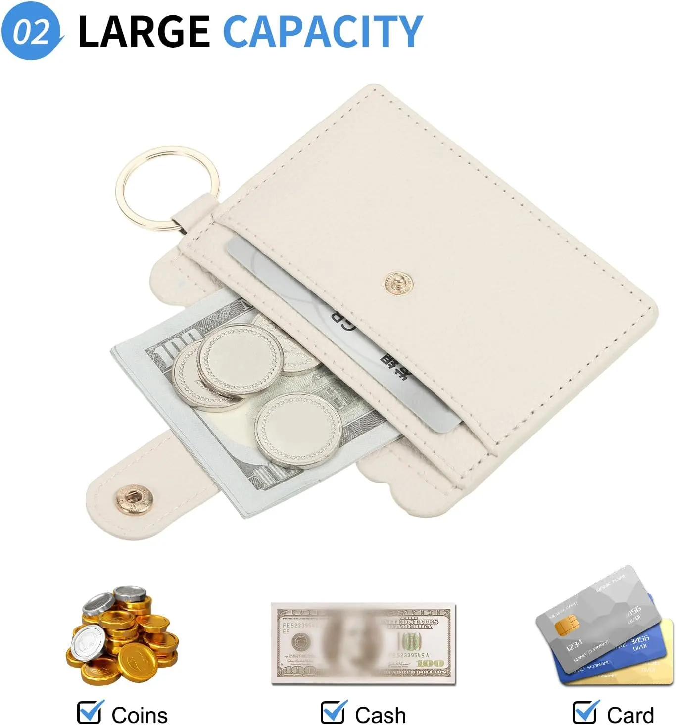 Card Holder Wallet with Keychain Wristlet, Slim PU Leather Wallet for Women, Compact and Lightweight Design for Daily Use, Beige