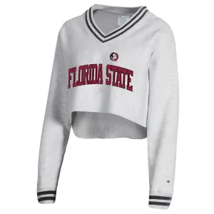 Champion Women's Seminole Logo/Seminoles Reverse Weave Crop V-neck Fleece - Grey/Black