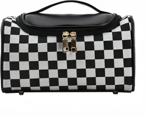 Checkerboard Toiletry Bag, Leather Large Capacity Square Waterproof Makeup Cosmetic Bag for Women Travel Organizer | Elegant, Compact, and Durable (Black)