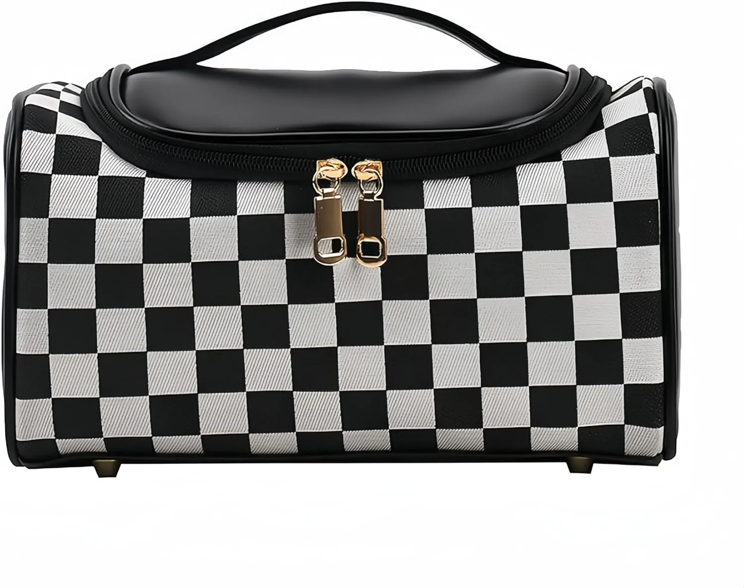 Checkerboard Toiletry Bag, Leather Large Capacity Square Waterproof Makeup Cosmetic Bag for Women Travel Organizer | Elegant, Compact, and Durable (Black)