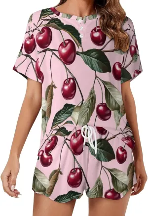 Cherry And Leaves Pajamas Sets for Women Stylish Short Sleeve Sleepwear Loungewear