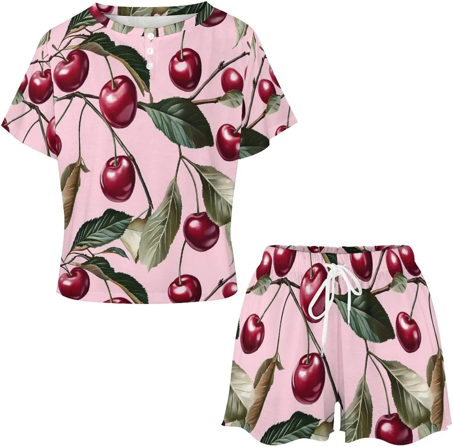 Cherry And Leaves Pajamas Sets for Women Stylish Short Sleeve Sleepwear Loungewear