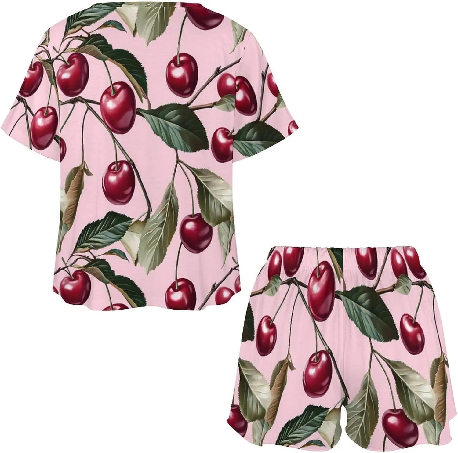 Cherry And Leaves Pajamas Sets for Women Stylish Short Sleeve Sleepwear Loungewear
