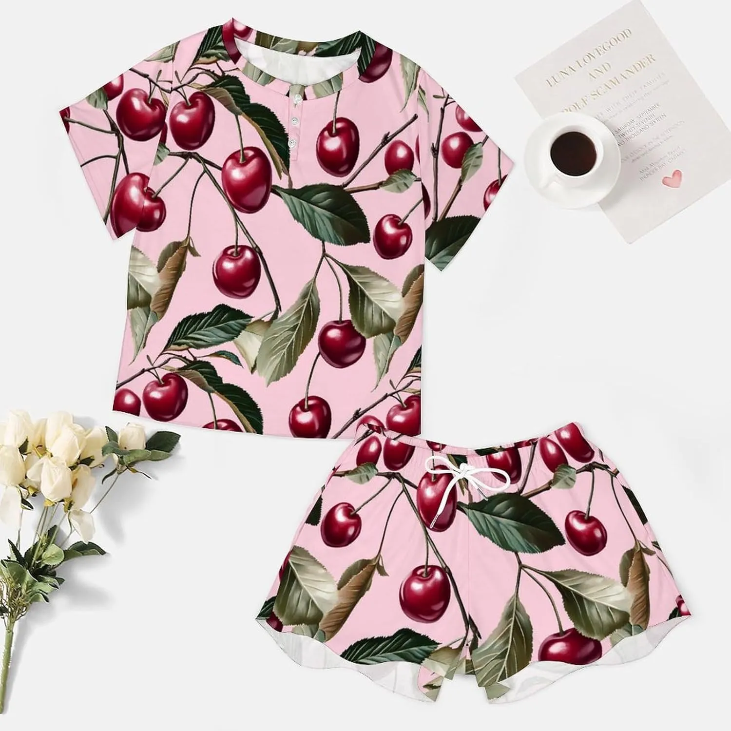 Cherry And Leaves Pajamas Sets for Women Stylish Short Sleeve Sleepwear Loungewear