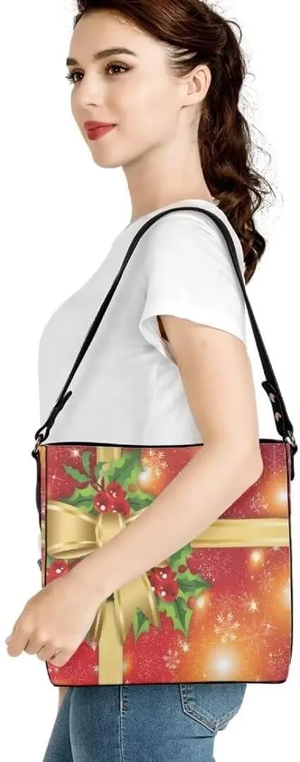 Christmas Shoulder Bucket Bag for Women Large Leather Tote Bag Stylish Hobo Bags Daily Storage Bag with Pockets