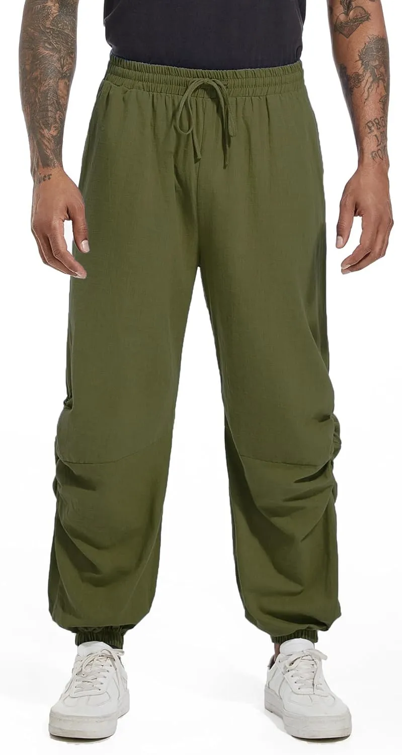CLANMILUMS Mens Cotton Linen Drawstring Pants Elastic Waist Casual Jogger Yoga Pants