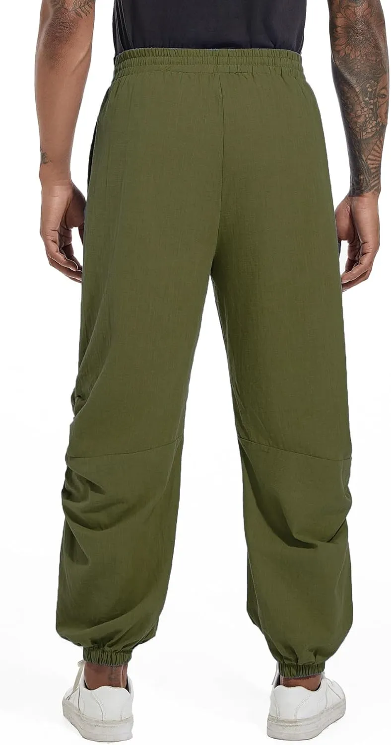CLANMILUMS Mens Cotton Linen Drawstring Pants Elastic Waist Casual Jogger Yoga Pants