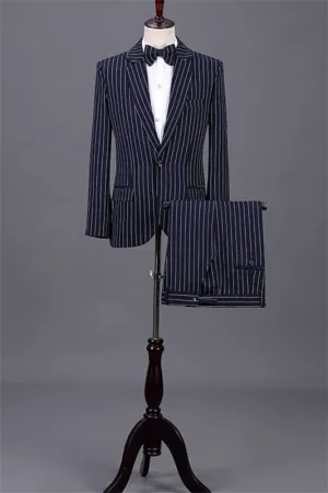 Classic Navy Blue Notched Lapel Striped Business Suits Two Pieces Prom Tuxedos