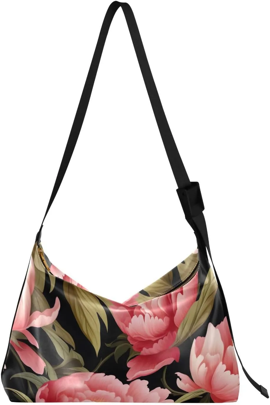 Classic Pink Flowers Leather Hobo Bag for Women Men Casual Hobo Purse with Adjustable Strap Large Capacity Hobo Handbag