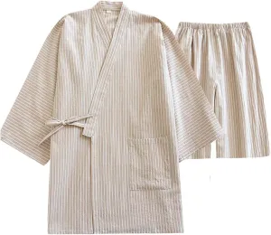 Classical Traditional Japanese Style Pajamas, Stylish Cotton Bathrobe Kimono Pajamas Casual Clothes for Men and Women, Beige Stripe