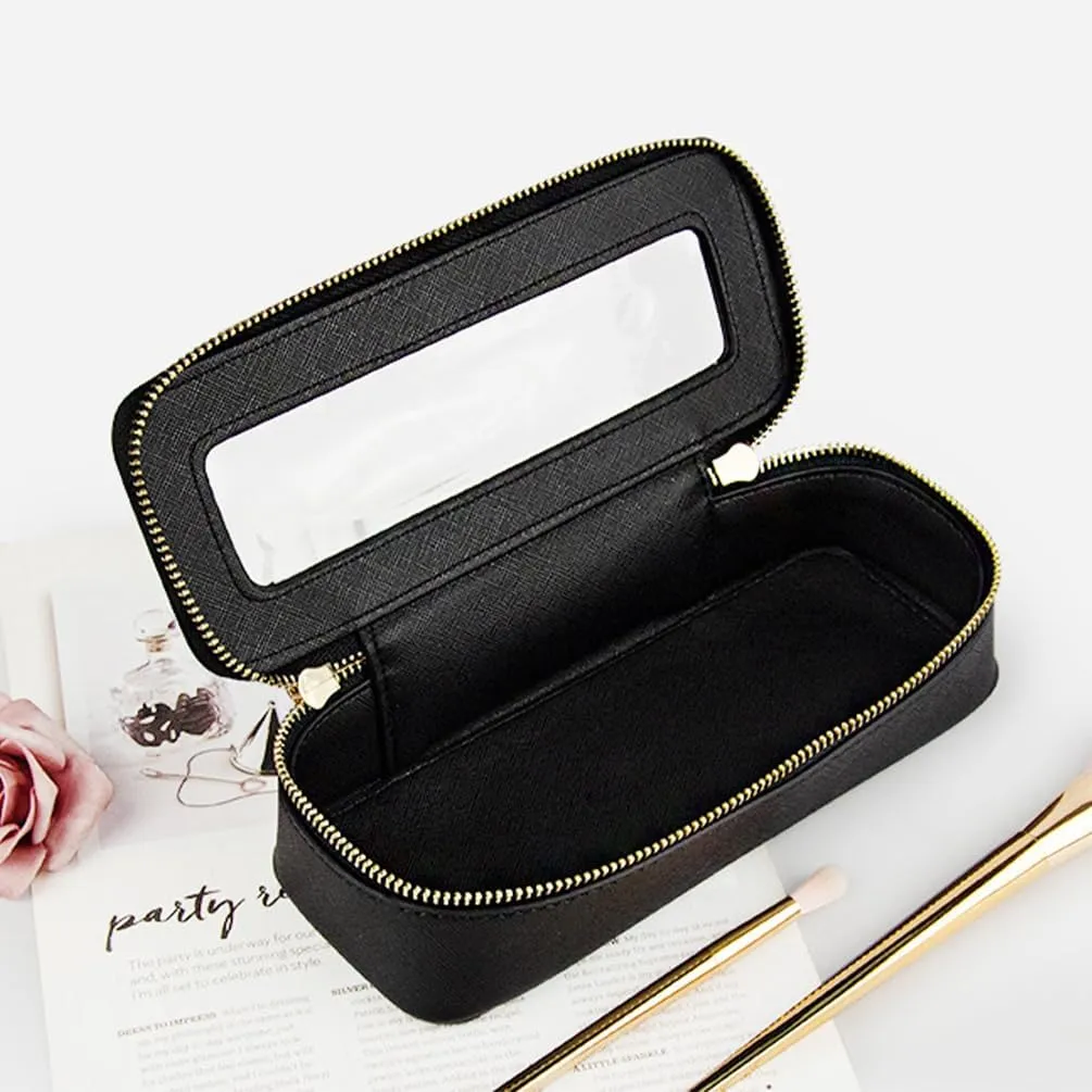 Clear Makeup Brush Bag, Slim Cosmetic Case for Brushes, Compact Toiletry Pouch with Zippers (Black)