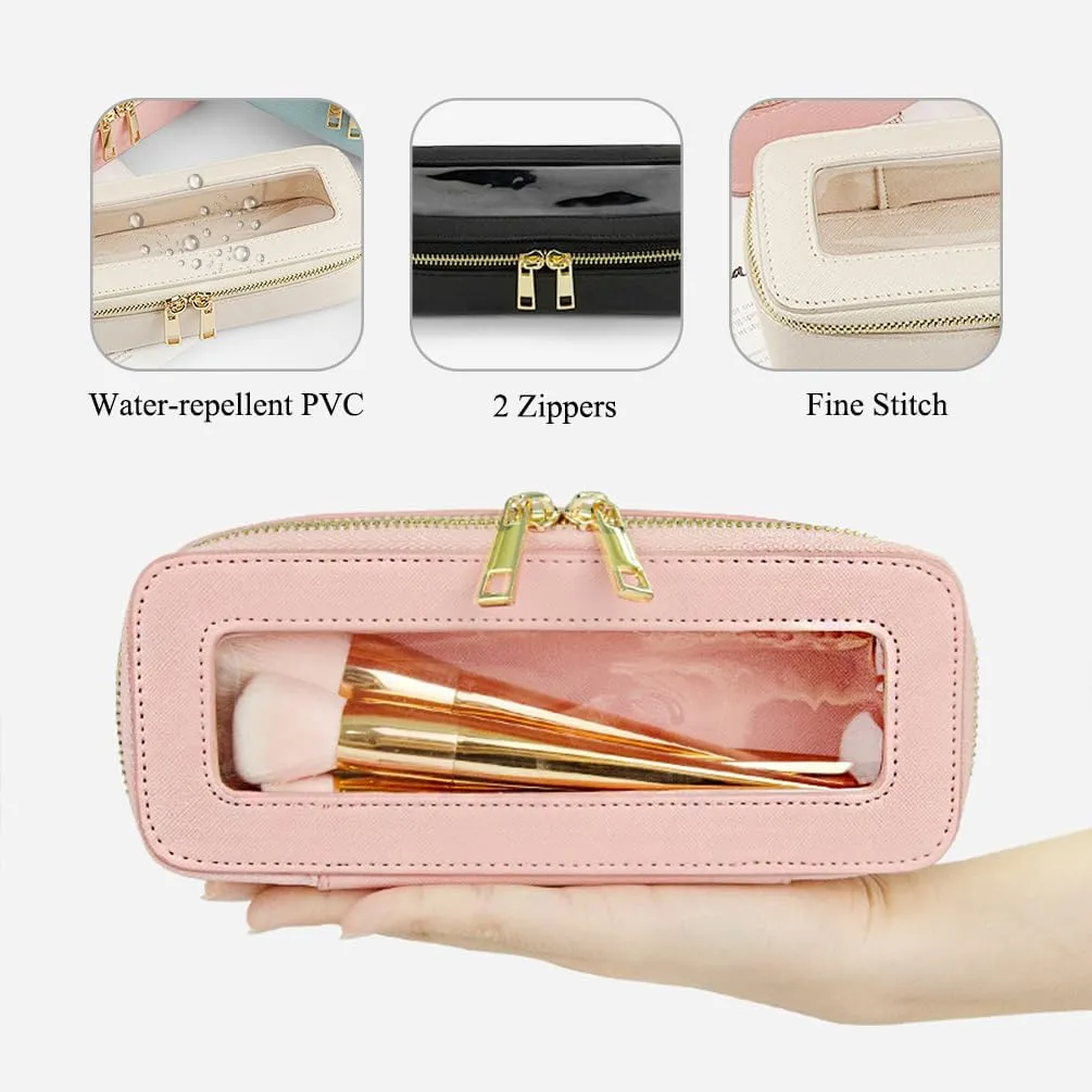 Clear Makeup Brush Bag, Slim Cosmetic Case for Brushes, Compact Toiletry Pouch with Zippers (Black)