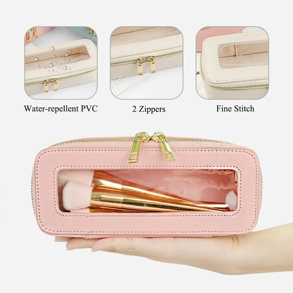 Clear Makeup Brush Bag, Slim Cosmetic Case for Brushes, Compact Toiletry Pouch with Zippers (Cream)