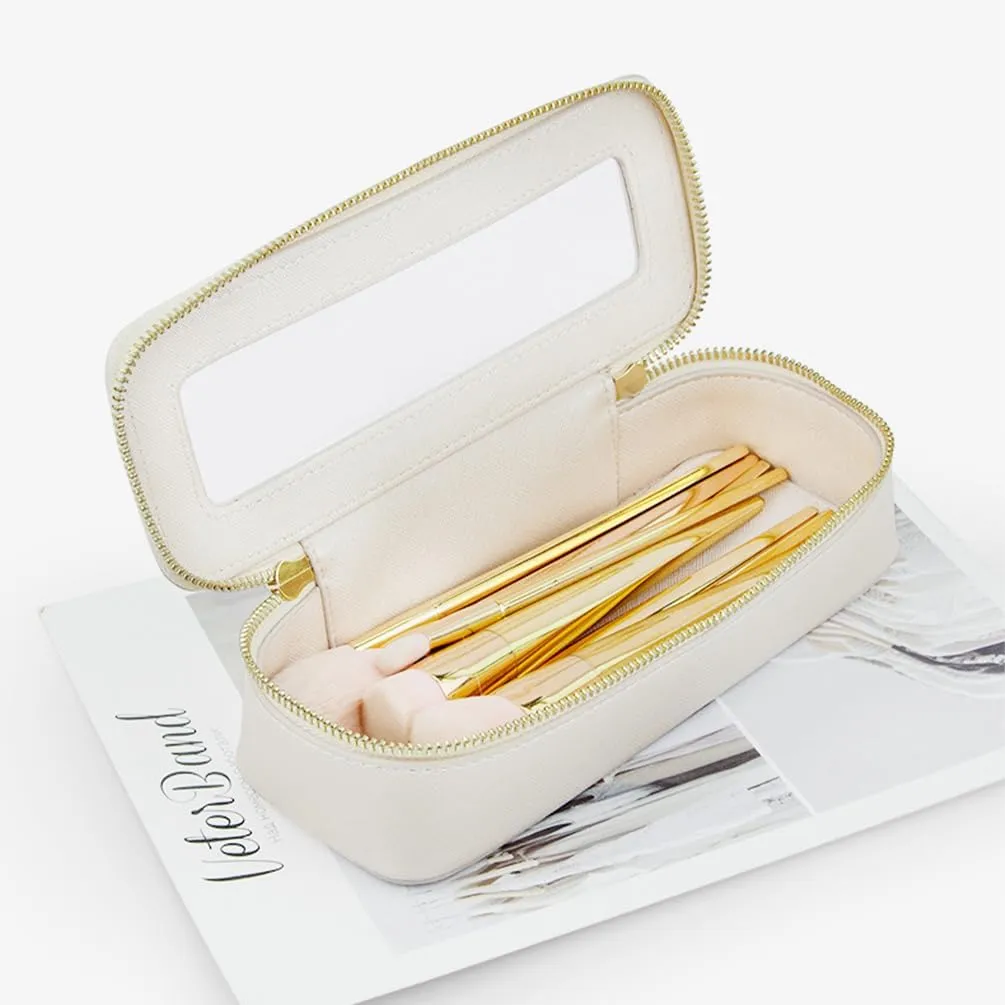 Clear Makeup Brush Bag, Slim Cosmetic Case for Brushes, Compact Toiletry Pouch with Zippers (Cream)
