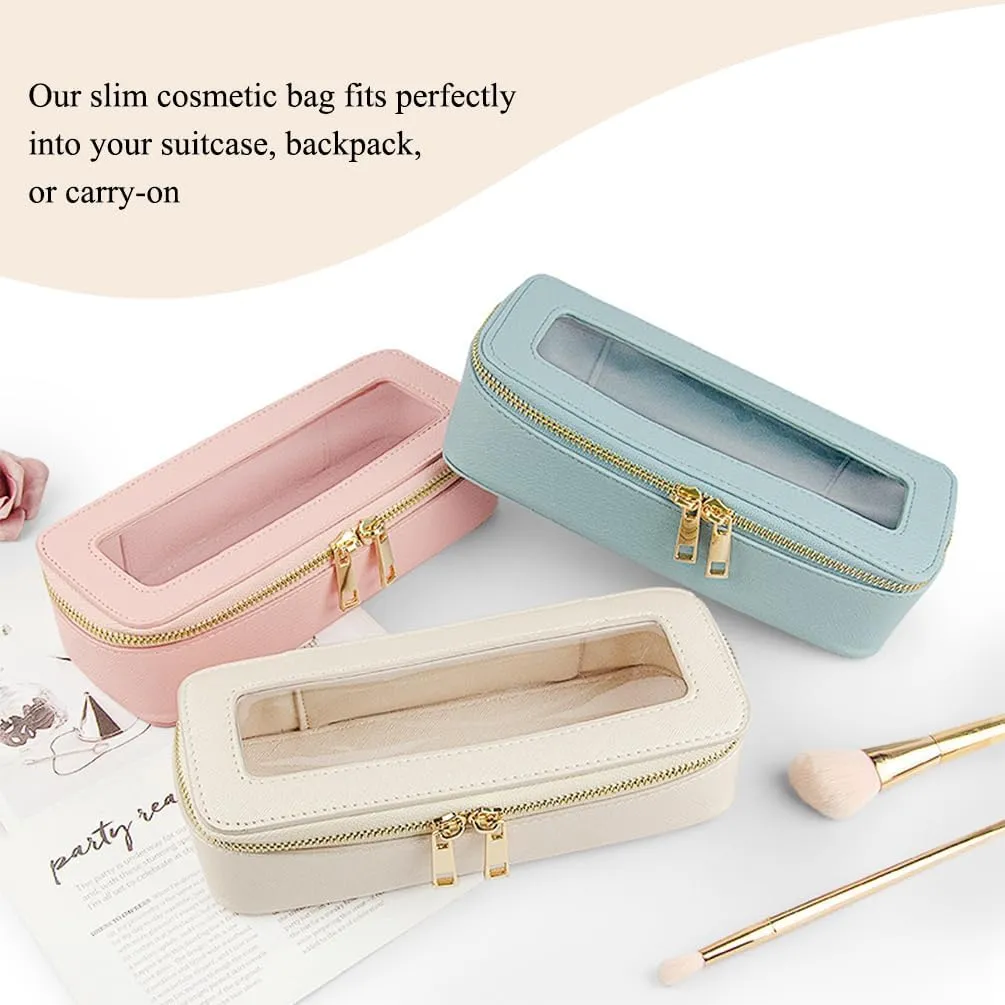 Clear Makeup Brush Bag, Slim Cosmetic Case for Brushes, Compact Toiletry Pouch with Zippers (Cream)