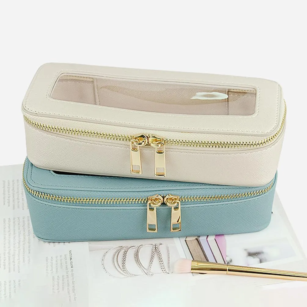 Clear Makeup Brush Bag, Slim Cosmetic Case for Brushes, Compact Toiletry Pouch with Zippers (Cream)