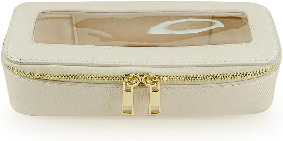 Clear Makeup Brush Bag, Slim Cosmetic Case for Brushes, Compact Toiletry Pouch with Zippers (Cream)
