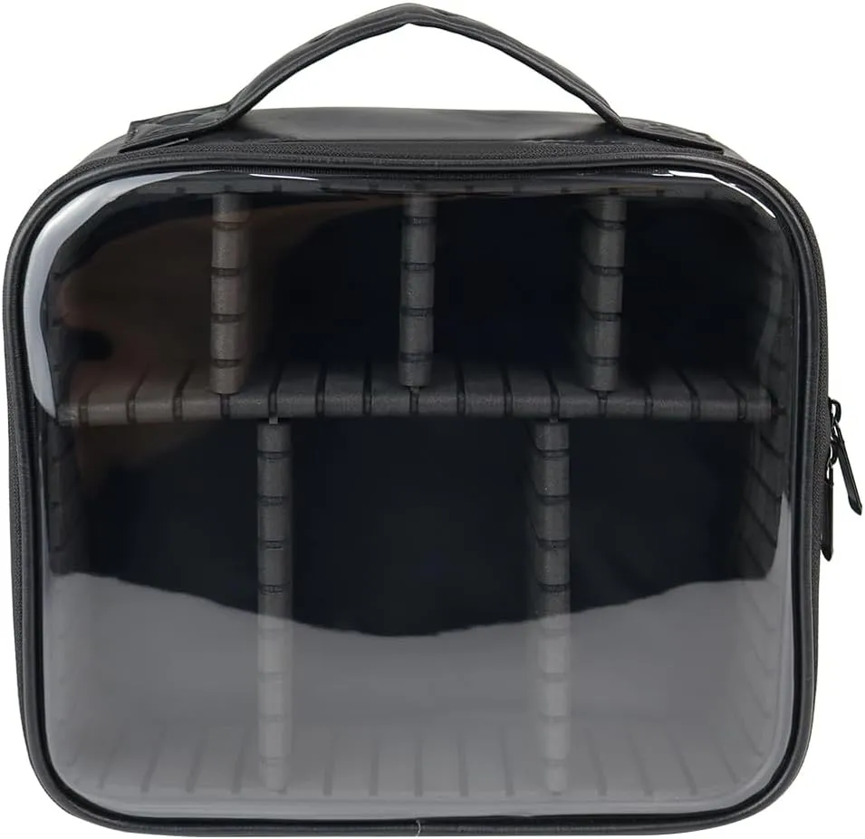 Clear Makeup Case, Makeup Train Case with Shockproof Dividers, Compact Cosmetic Case with Handle, Transparent Makeup Artist Case (Black)