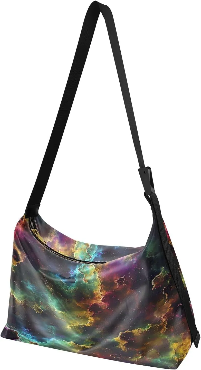 Colorful Nebula Large Crossbody Bag, Wide Strap Crossbody Bag, Leather Crossbody Hobo Bags for Women