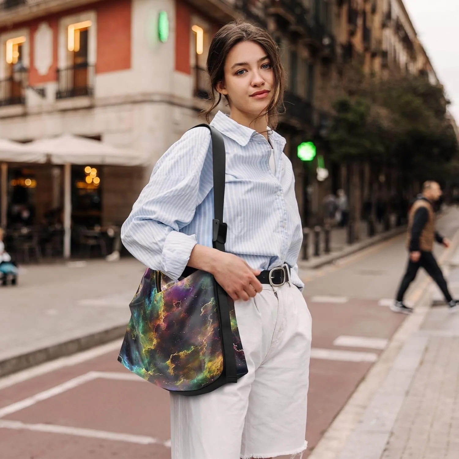 Colorful Nebula Large Crossbody Bag, Wide Strap Crossbody Bag, Leather Crossbody Hobo Bags for Women