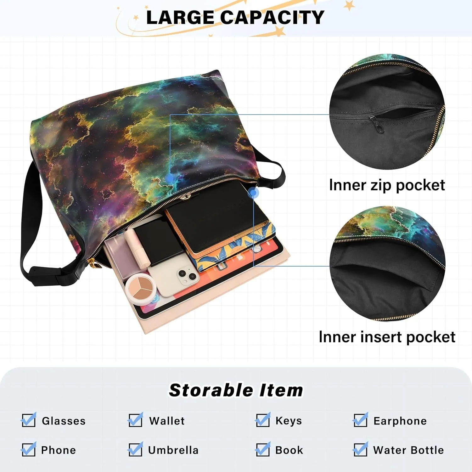 Colorful Nebula Large Crossbody Bag, Wide Strap Crossbody Bag, Leather Crossbody Hobo Bags for Women