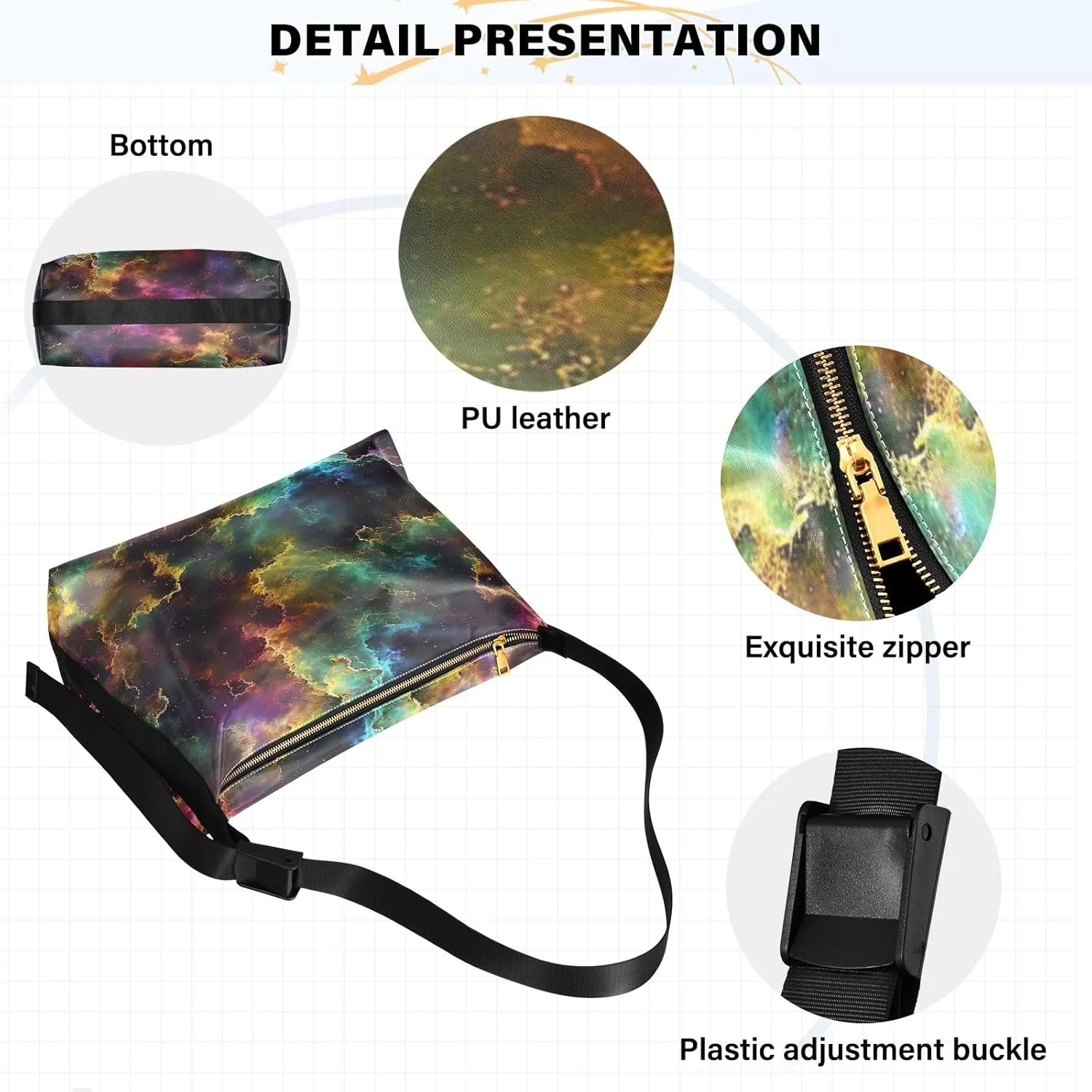 Colorful Nebula Large Crossbody Bag, Wide Strap Crossbody Bag, Leather Crossbody Hobo Bags for Women