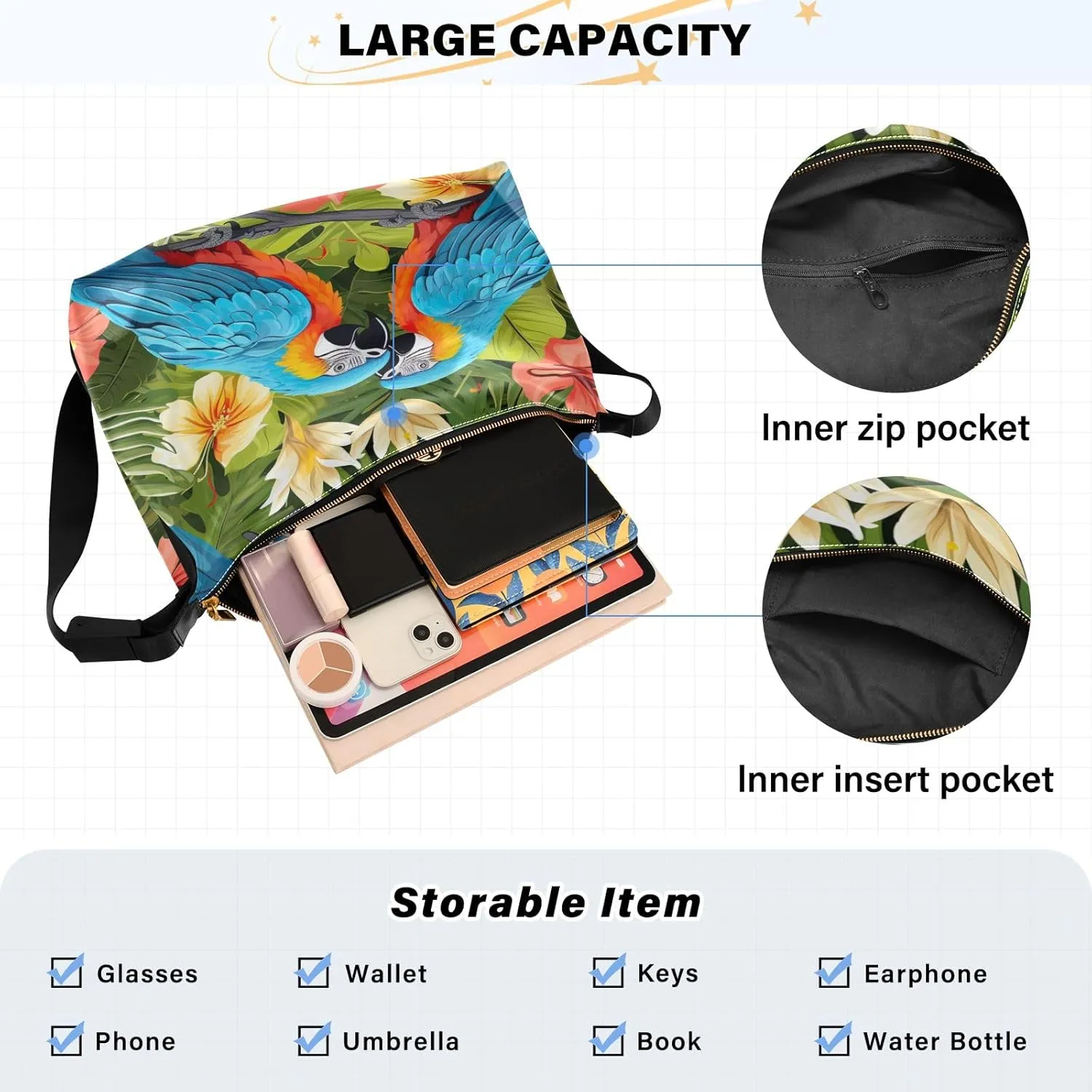 Colorful Parrots and Blue Flowers Women Shoulder Bag, Large Leather Crossbody Bag, Shoulder Strap Bag