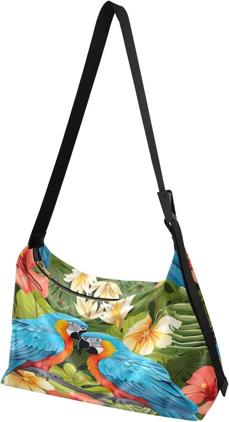 Colorful Parrots and Blue Flowers Women Shoulder Bag, Large Leather Crossbody Bag, Shoulder Strap Bag