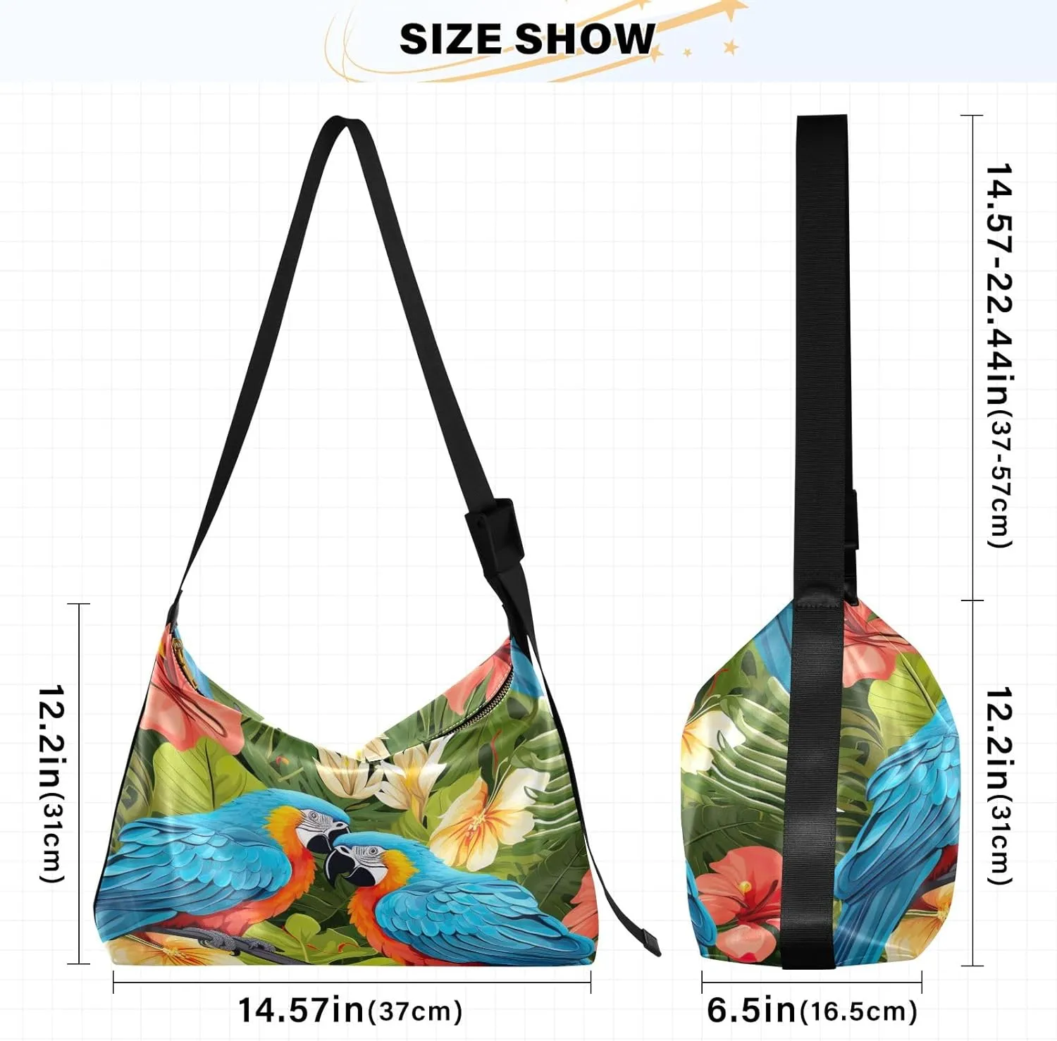 Colorful Parrots and Blue Flowers Women Shoulder Bag, Large Leather Crossbody Bag, Shoulder Strap Bag