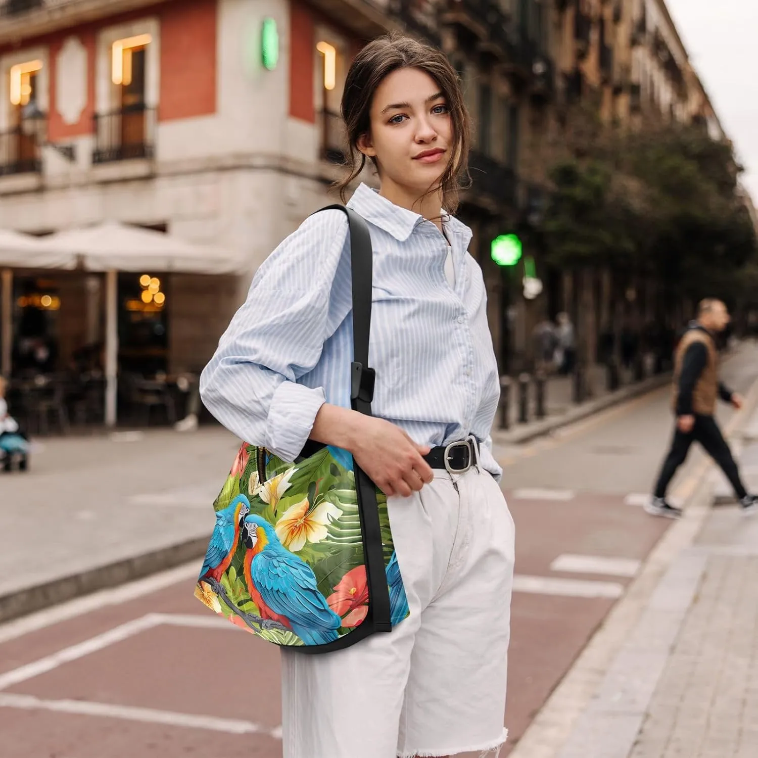 Colorful Parrots and Blue Flowers Women Shoulder Bag, Large Leather Crossbody Bag, Shoulder Strap Bag