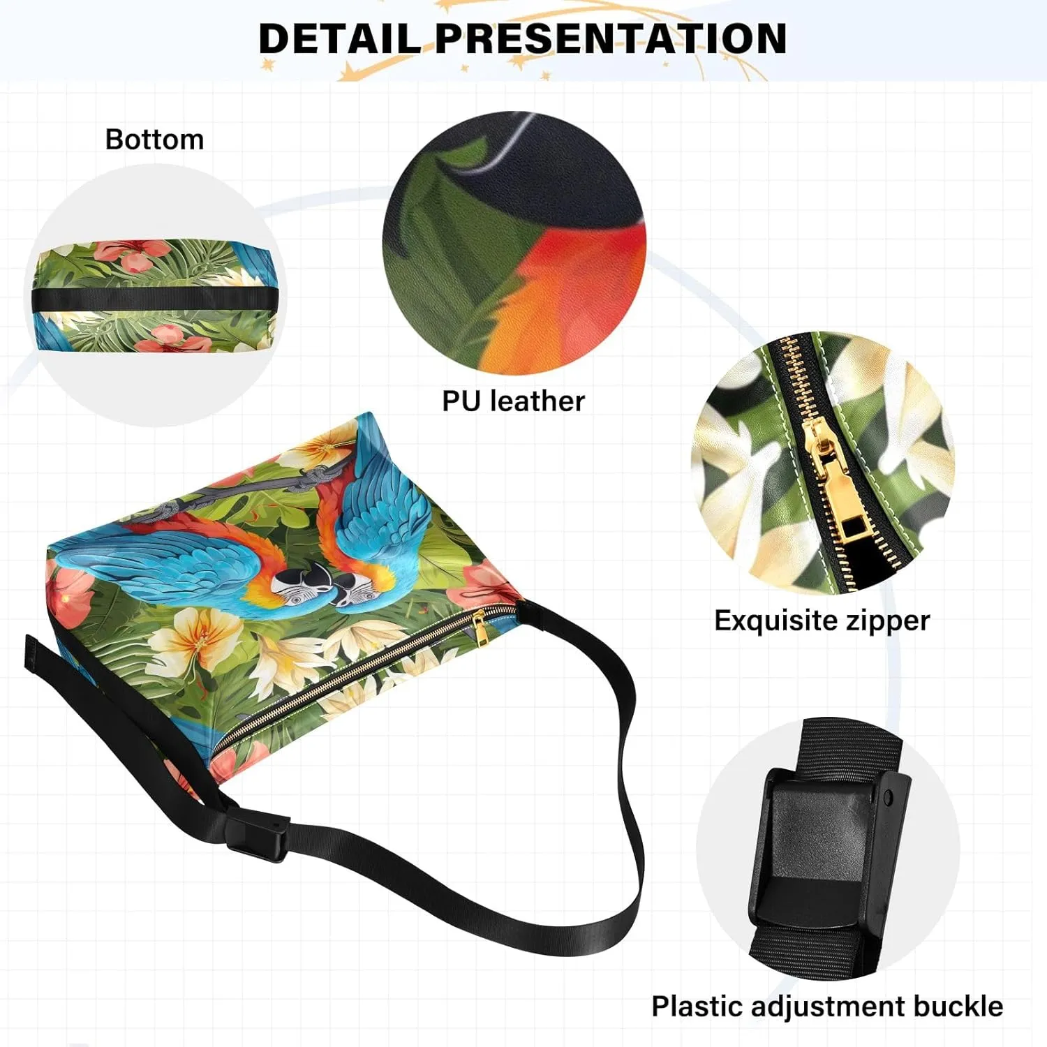 Colorful Parrots and Blue Flowers Women Shoulder Bag, Large Leather Crossbody Bag, Shoulder Strap Bag