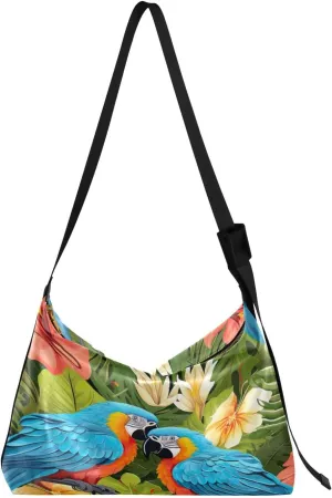 Colorful Parrots and Blue Flowers Women Shoulder Bag, Large Leather Crossbody Bag, Shoulder Strap Bag
