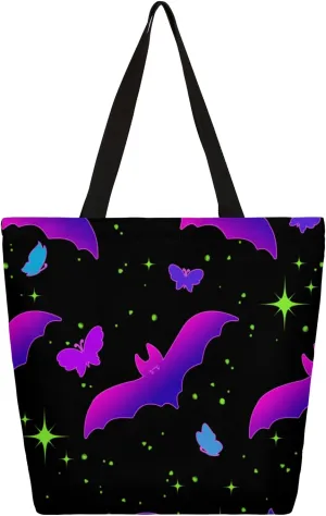 Colorful Stars Bats Large Capacity Canvas Tote Bag Stylish Handheld Shoulder Bag Reusable Shopping Bag for Work Travel Beach Trips Shopping