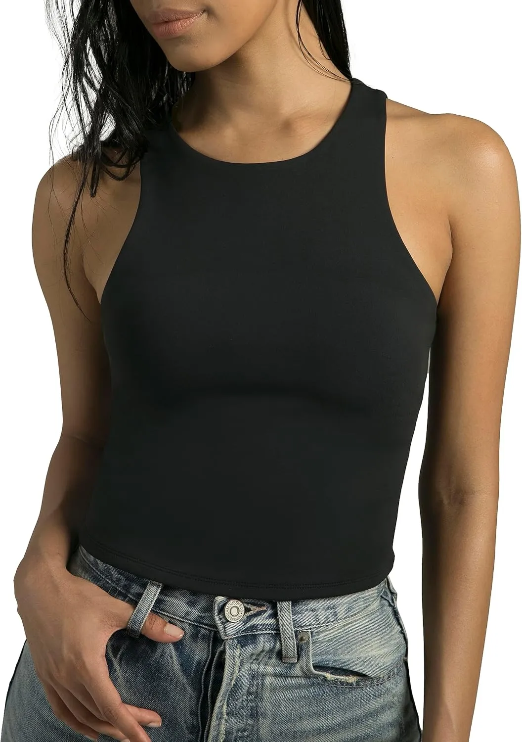 Colorfulkoala Women's High Neck Tank Tops Body Contour Sleeveless Crop Double Lined Yoga Shirts