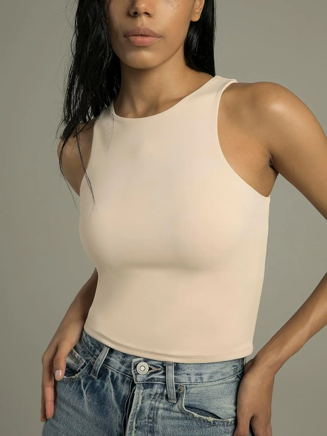 Colorfulkoala Women's High Neck Tank Tops Body Contour Sleeveless Crop Double Lined Yoga Shirts