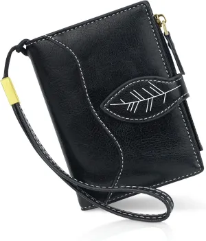 CONISY Small Wallet for Women, Compact Bifold Leather Wallet with Wristlet RFID Blocking Womens Wallet (Black)