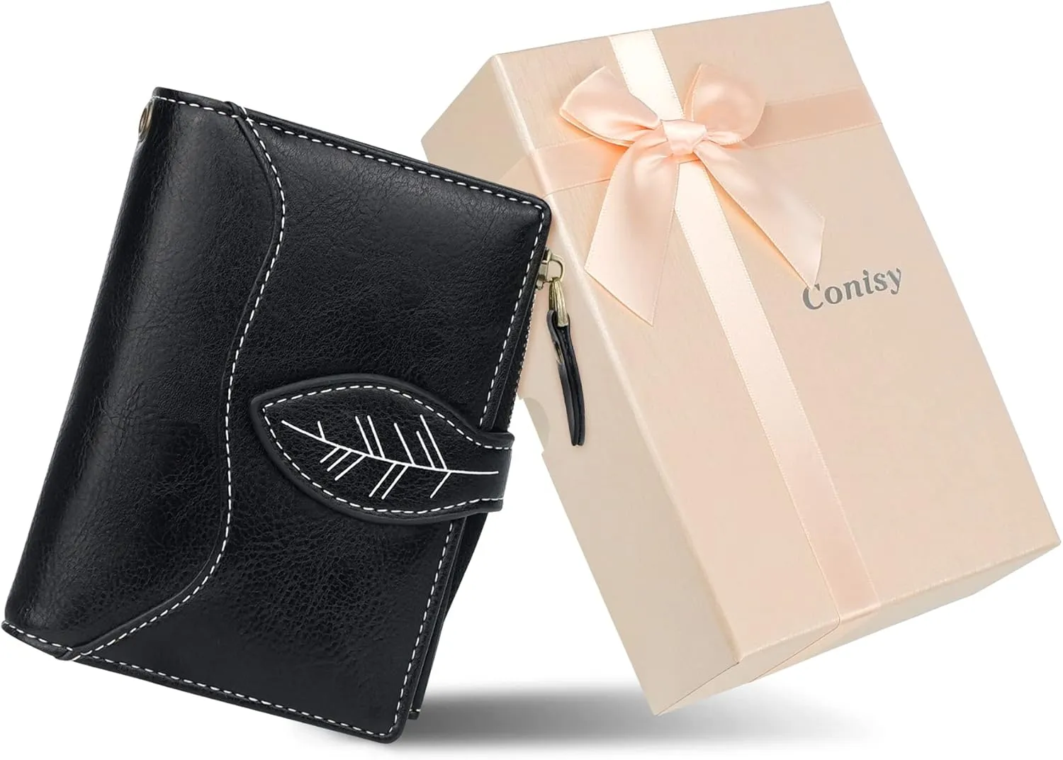 CONISY Small Wallet for Women, Compact Bifold Leather Wallet with Wristlet RFID Blocking Womens Wallet (Black)