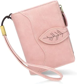 CONISY Small Wallet for Women, Compact Bifold Leather Wallet with Wristlet RFID Blocking Womens Wallet (Pink)